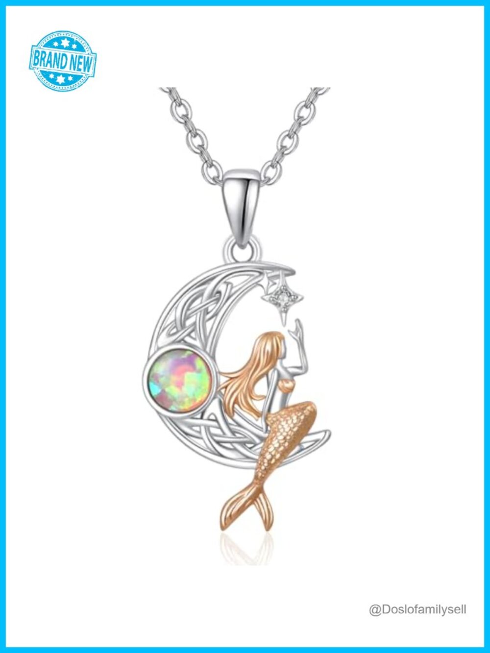 925 Sterling Silver Pink Opal Mermaid Moon Pendant Necklace 20in Fine Jewelry
